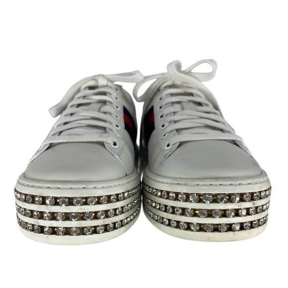 Gucci Ace Web Platform Crystal Embellished Leather Sneakers - Picture 6 of 16
